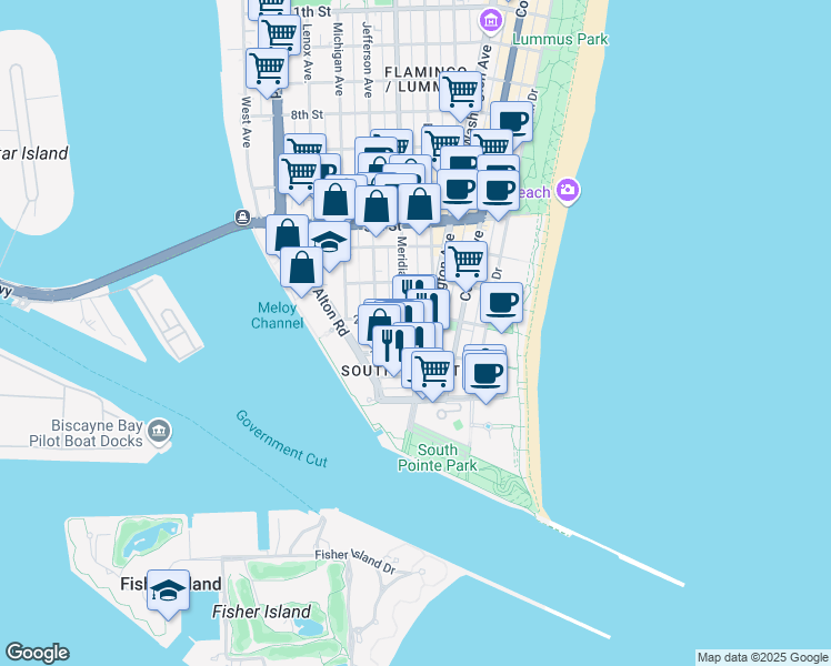 map of restaurants, bars, coffee shops, grocery stores, and more near 110 Washington Avenue in Miami Beach