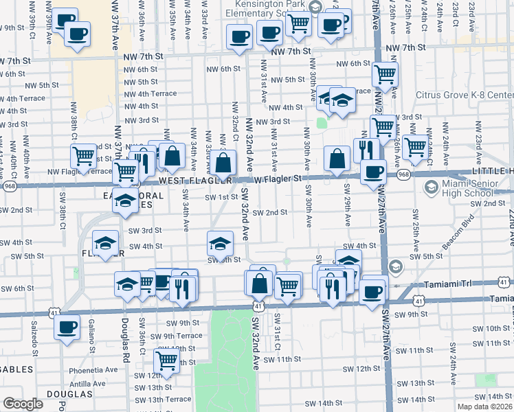 map of restaurants, bars, coffee shops, grocery stores, and more near 3172 Southwest 2nd Street in Miami