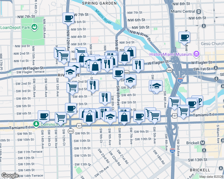 map of restaurants, bars, coffee shops, grocery stores, and more near 821 Southwest 4th Street in Miami