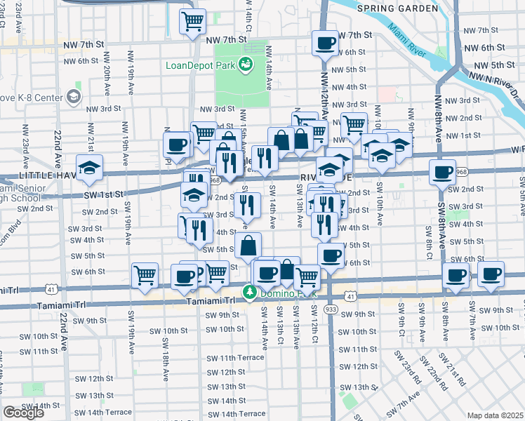 map of restaurants, bars, coffee shops, grocery stores, and more near 1428 Southwest 3rd Street in Miami