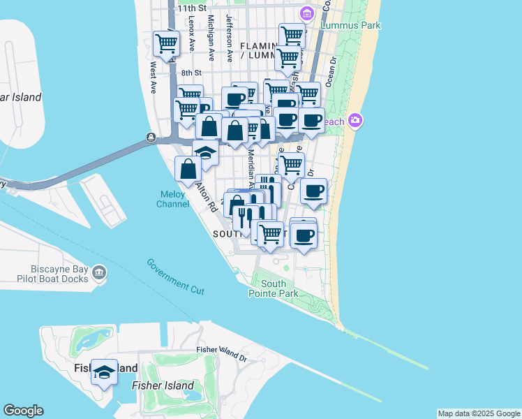 map of restaurants, bars, coffee shops, grocery stores, and more near 211 1st Street in Miami Beach
