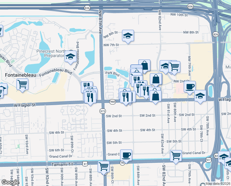 map of restaurants, bars, coffee shops, grocery stores, and more near 8516 Northwest 1st Terrace in Miami