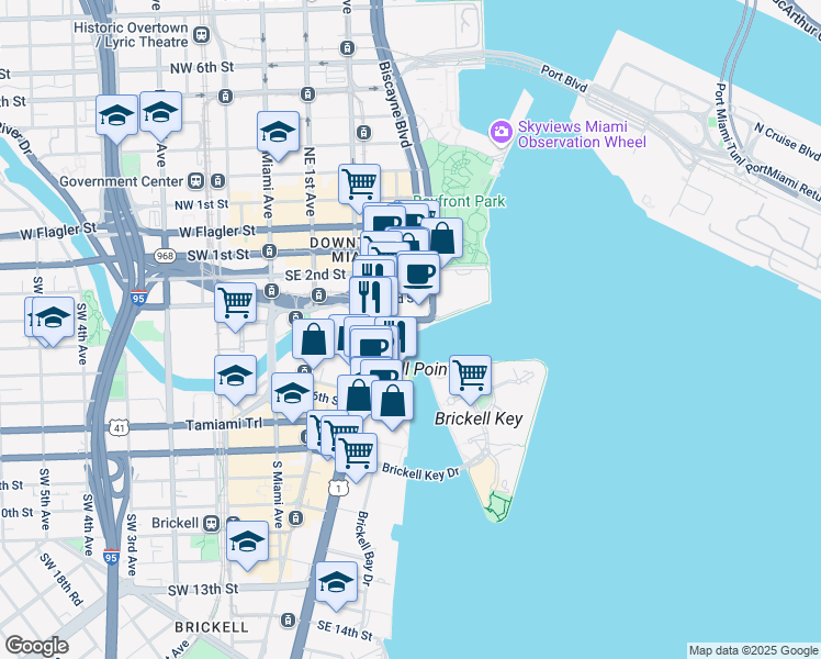 map of restaurants, bars, coffee shops, grocery stores, and more near 40 South Biscayne Boulevard in Miami