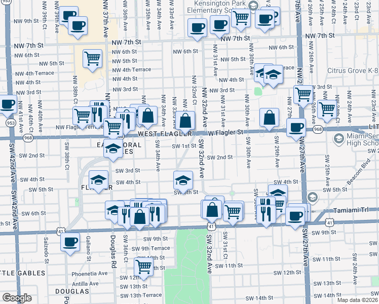 map of restaurants, bars, coffee shops, grocery stores, and more near 3242 Southwest 2nd Street in Miami