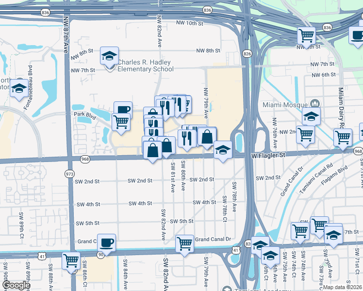 map of restaurants, bars, coffee shops, grocery stores, and more near 8011 West Flagler Street in Miami