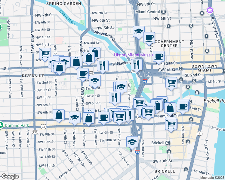 map of restaurants, bars, coffee shops, grocery stores, and more near 535 Southwest 4th Street in Miami