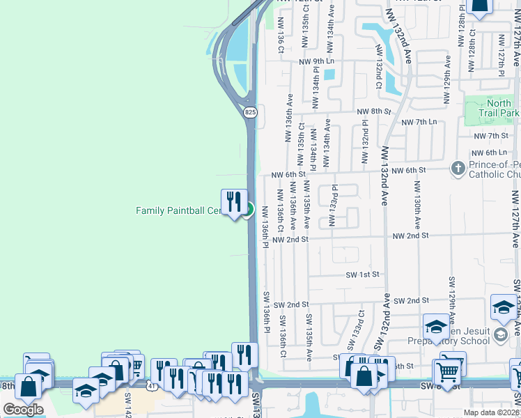 map of restaurants, bars, coffee shops, grocery stores, and more near 304 Northwest 136th Place in Miami