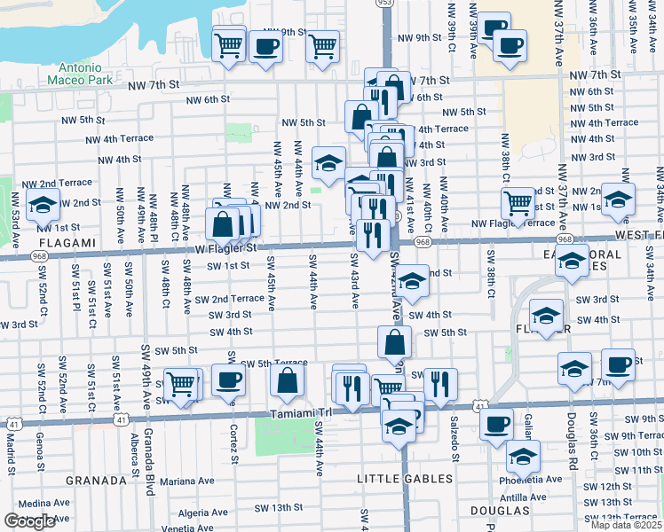 map of restaurants, bars, coffee shops, grocery stores, and more near 4340 Southwest 2nd Street in Coral Gables