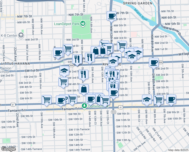 map of restaurants, bars, coffee shops, grocery stores, and more near 1326 Southwest 3rd Street in Miami