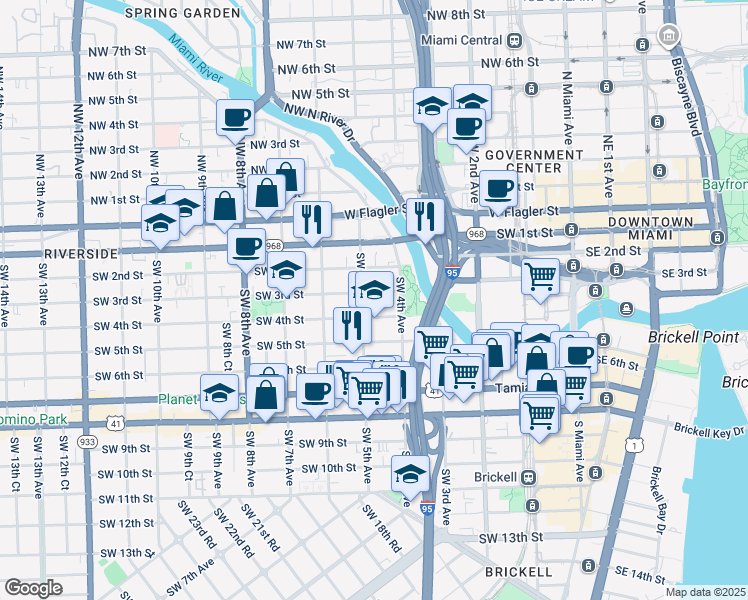 map of restaurants, bars, coffee shops, grocery stores, and more near 458 Southwest 4th Street in Miami