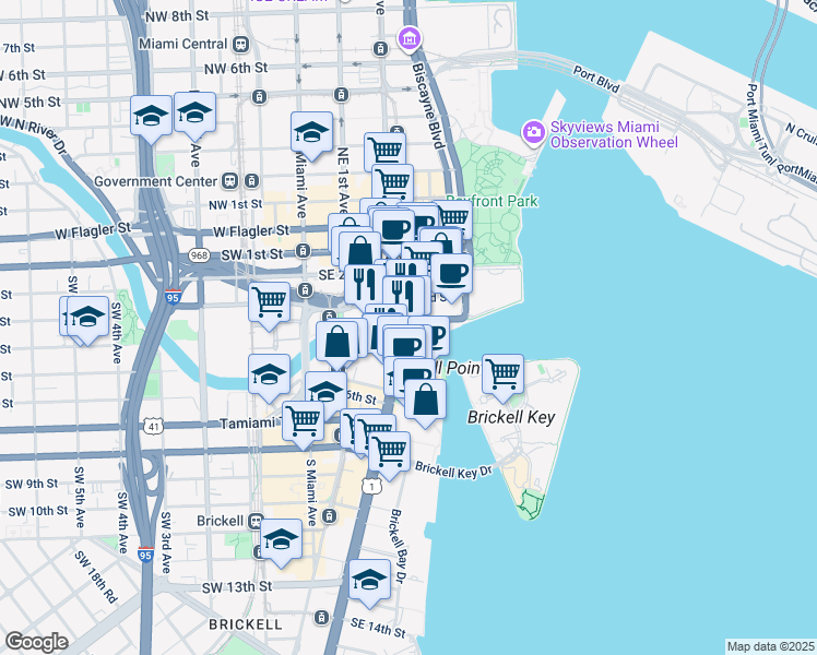map of restaurants, bars, coffee shops, grocery stores, and more near 444 Brickell Avenue in Miami