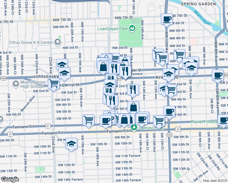 map of restaurants, bars, coffee shops, grocery stores, and more near 318 Southwest 16th Avenue in Miami