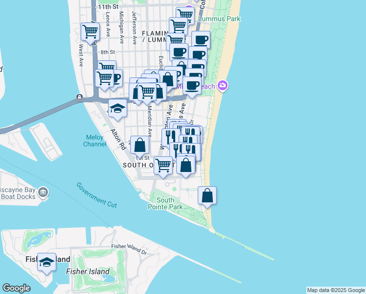 map of restaurants, bars, coffee shops, grocery stores, and more near 120 Ocean Drive in Miami Beach
