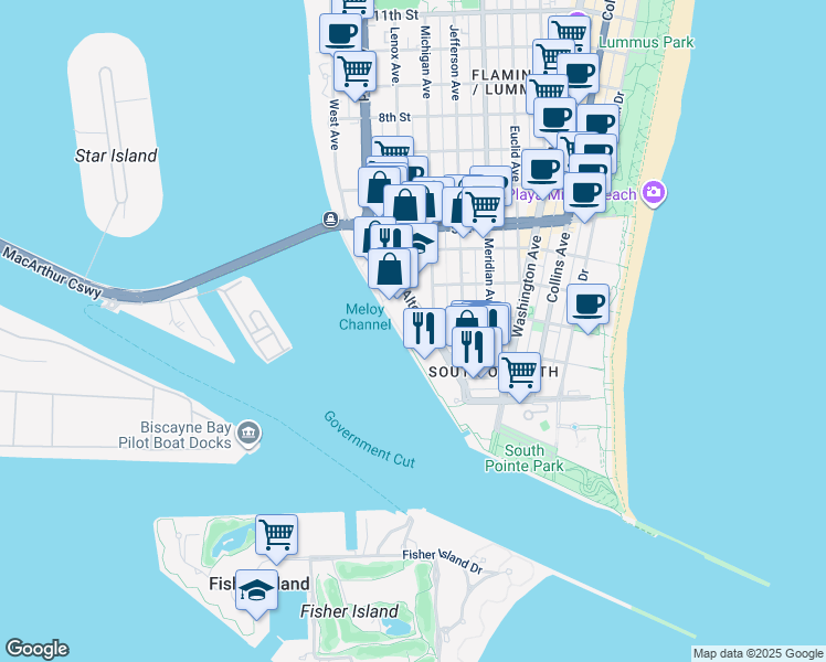 map of restaurants, bars, coffee shops, grocery stores, and more near 150 Alton Road in Miami Beach