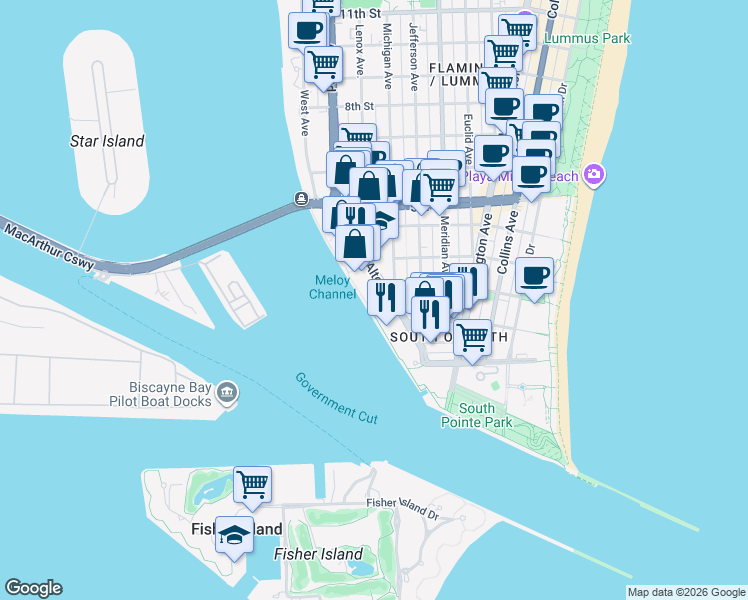 map of restaurants, bars, coffee shops, grocery stores, and more near 150 Alton Road in Miami Beach