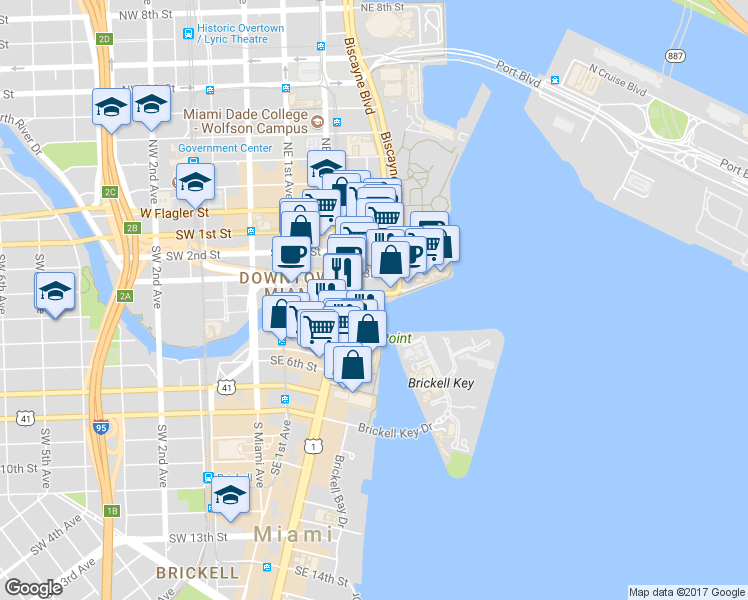 map of restaurants, bars, coffee shops, grocery stores, and more near 40 South Biscayne Boulevard in Miami
