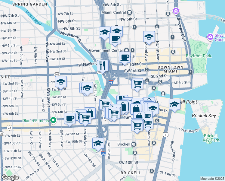 map of restaurants, bars, coffee shops, grocery stores, and more near 401 Southwest 3rd Avenue in Miami
