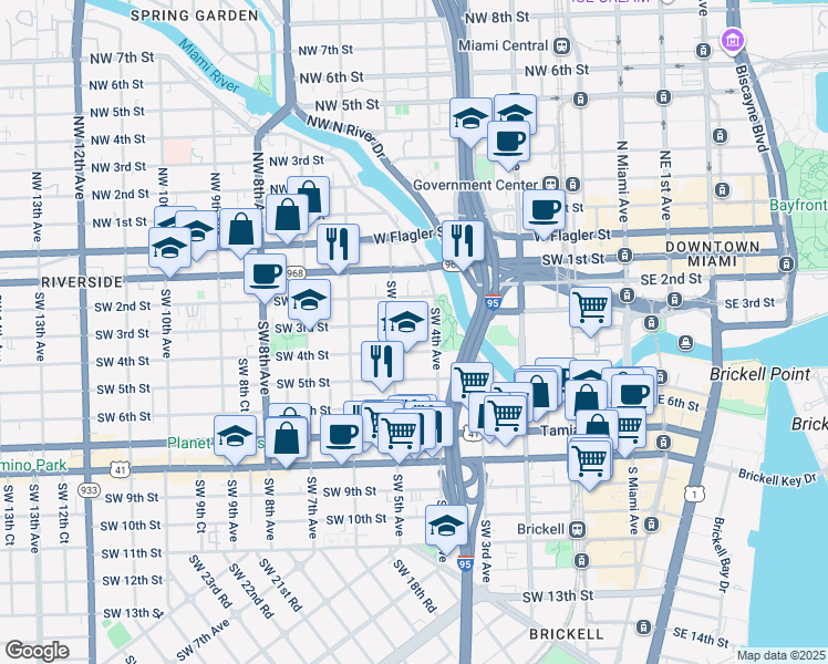 map of restaurants, bars, coffee shops, grocery stores, and more near 458 Southwest 4th Street in Miami