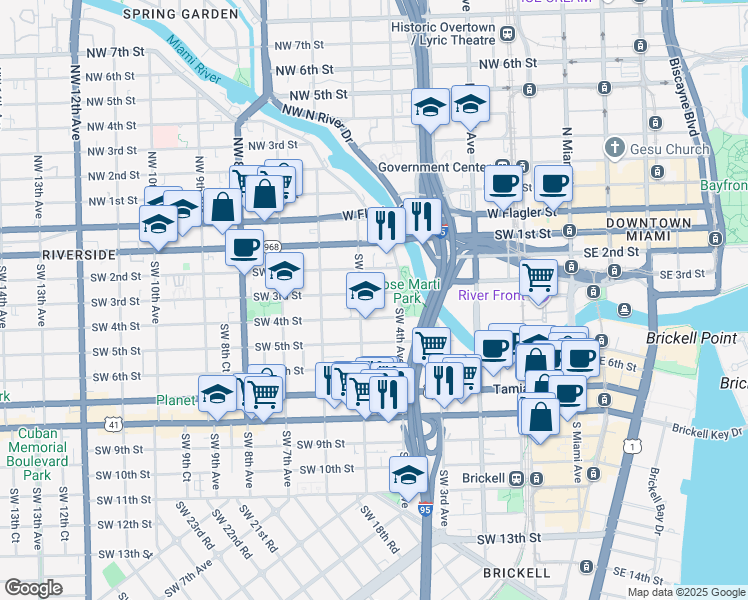 map of restaurants, bars, coffee shops, grocery stores, and more near 458 Southwest 4th Street in Miami