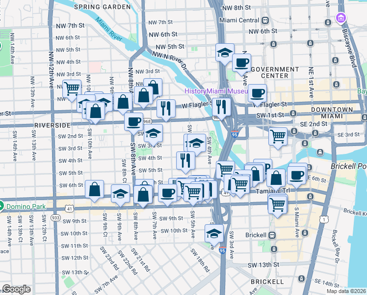 map of restaurants, bars, coffee shops, grocery stores, and more near 535 Southwest 4th Street in Miami