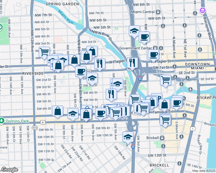 map of restaurants, bars, coffee shops, grocery stores, and more near 535 Southwest 4th Street in Miami