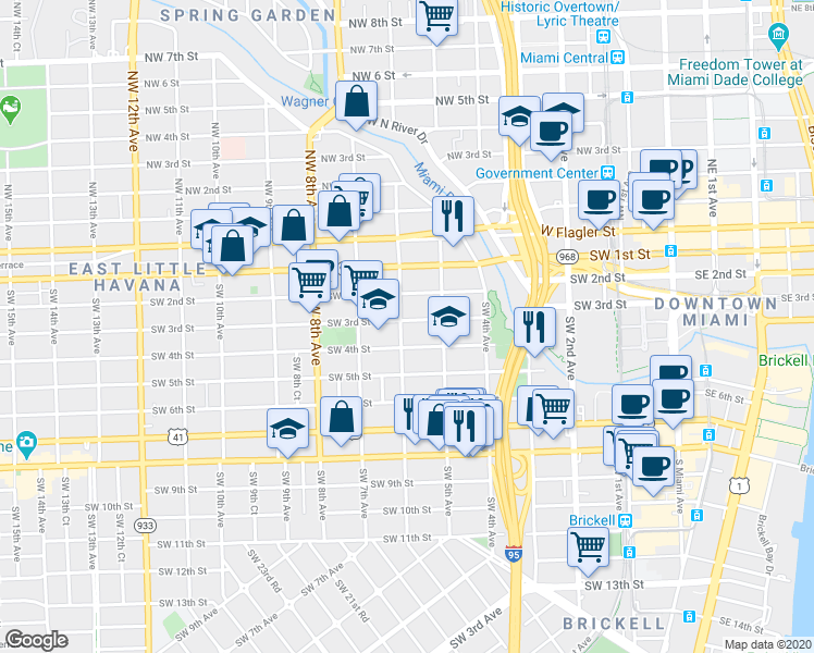 map of restaurants, bars, coffee shops, grocery stores, and more near 535 Southwest 4th Street in Miami