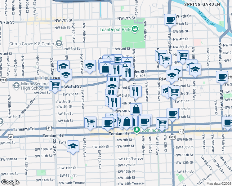 map of restaurants, bars, coffee shops, grocery stores, and more near 318 Southwest 16th Avenue in Miami