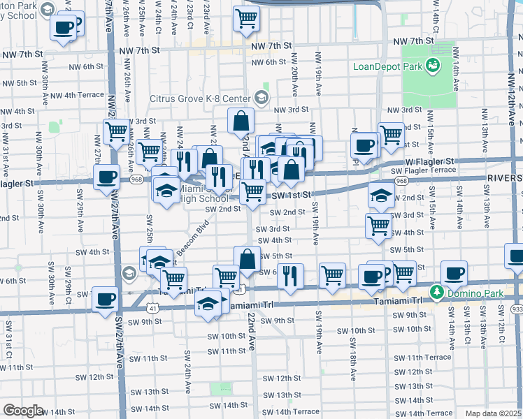 map of restaurants, bars, coffee shops, grocery stores, and more near 237 Southwest 22nd Avenue in Miami