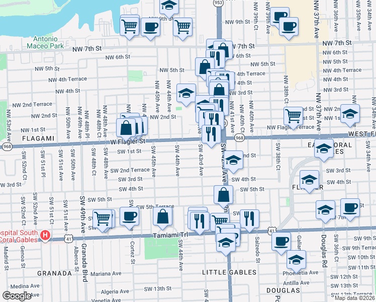 map of restaurants, bars, coffee shops, grocery stores, and more near 4340 Southwest 2nd Street in Coral Gables