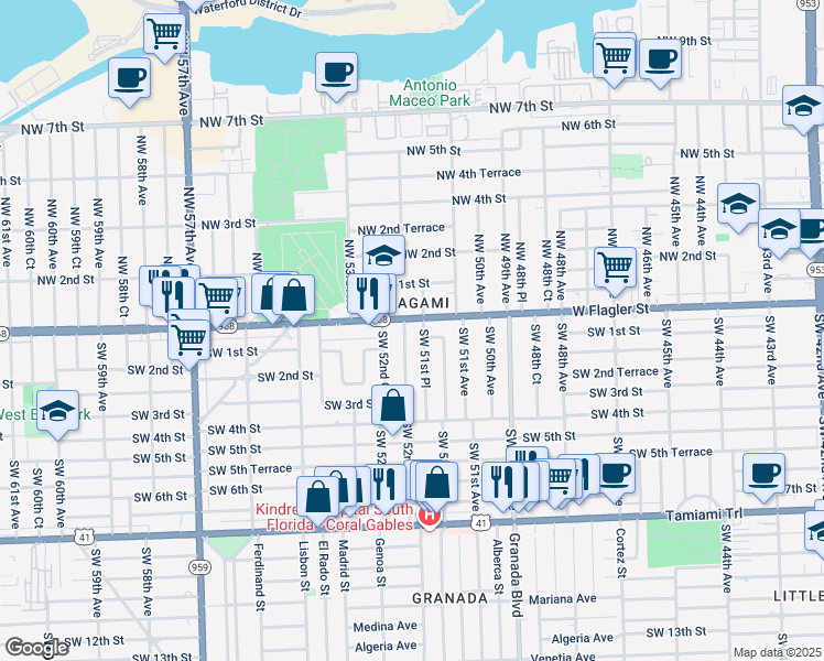 map of restaurants, bars, coffee shops, grocery stores, and more near 110 Southwest 52nd Avenue in Coral Gables