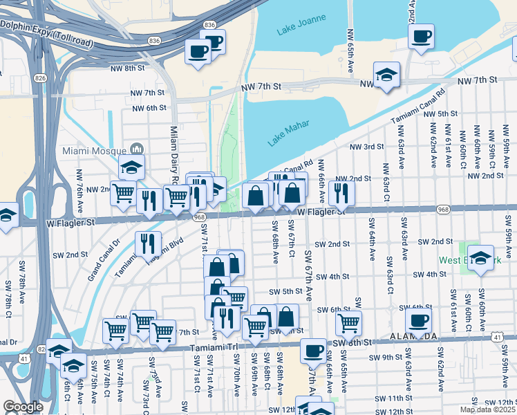 map of restaurants, bars, coffee shops, grocery stores, and more near 6886 West Flagler Street in Miami