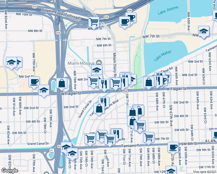 map of restaurants, bars, coffee shops, grocery stores, and more near in Miami