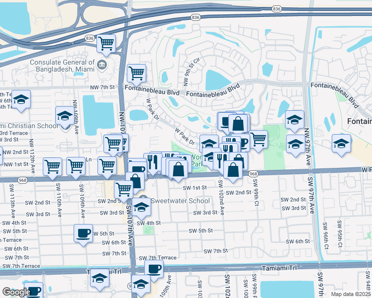 map of restaurants, bars, coffee shops, grocery stores, and more near 10251 W Flagler St in Miami