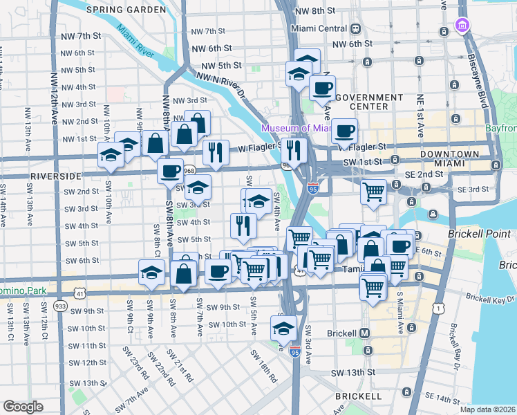 map of restaurants, bars, coffee shops, grocery stores, and more near 451 Southwest 4th Street in Miami