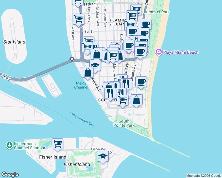 map of restaurants, bars, coffee shops, grocery stores, and more near in Miami Beach