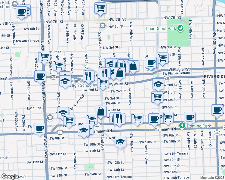 map of restaurants, bars, coffee shops, grocery stores, and more near 231 Southwest 21st Avenue in Miami