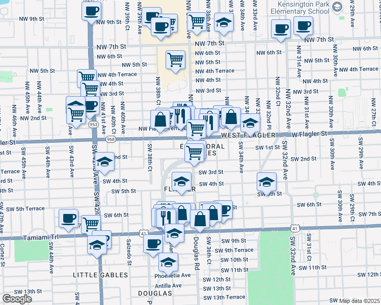 map of restaurants, bars, coffee shops, grocery stores, and more near 120 Douglas Road in Miami