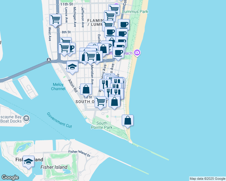 map of restaurants, bars, coffee shops, grocery stores, and more near 120 Ocean Drive in Miami Beach