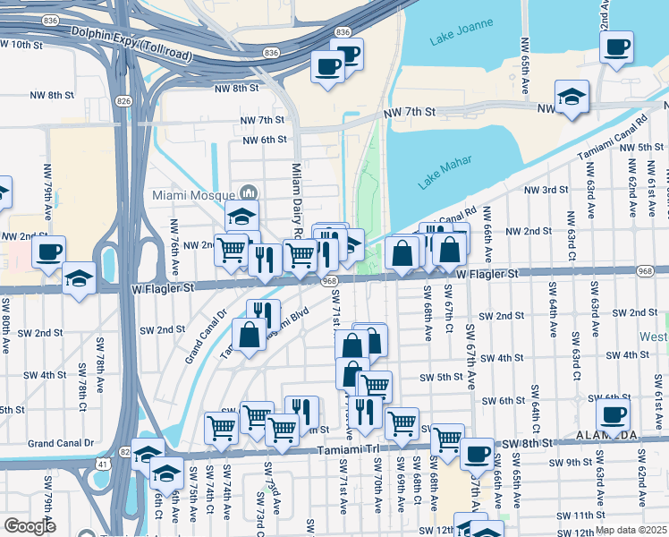 map of restaurants, bars, coffee shops, grocery stores, and more near 7070 West Flagler Street in Miami
