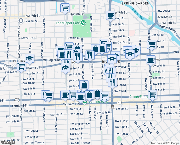 map of restaurants, bars, coffee shops, grocery stores, and more near 1428 Southwest 3rd Street in Miami