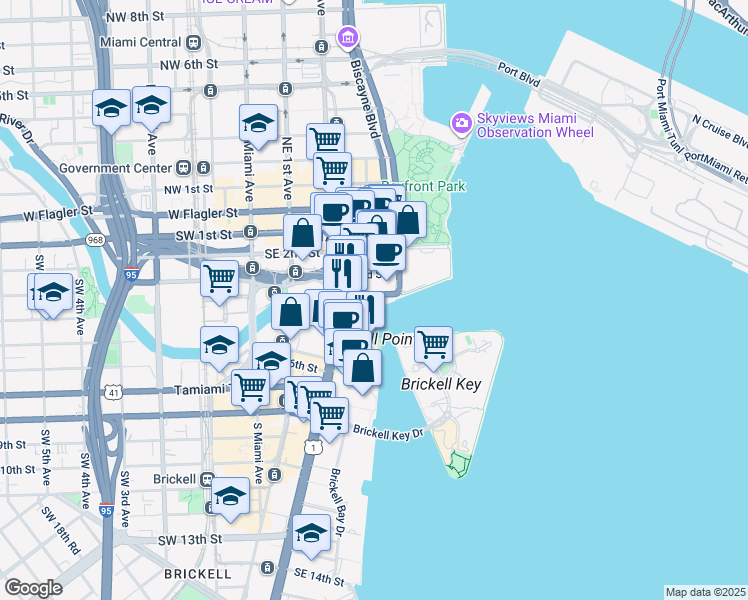 map of restaurants, bars, coffee shops, grocery stores, and more near 40 South Biscayne Boulevard in Miami
