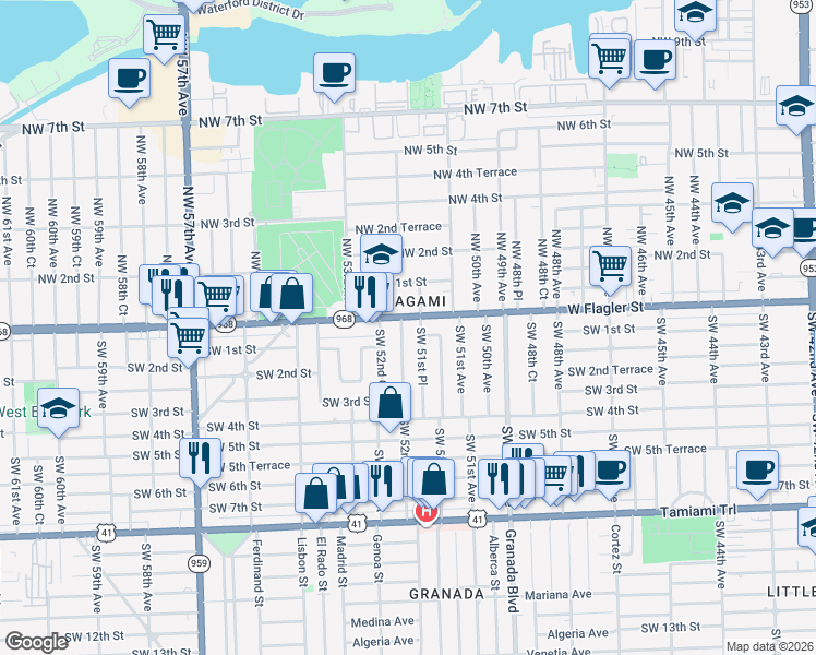map of restaurants, bars, coffee shops, grocery stores, and more near 110 Southwest 52nd Avenue in Coral Gables