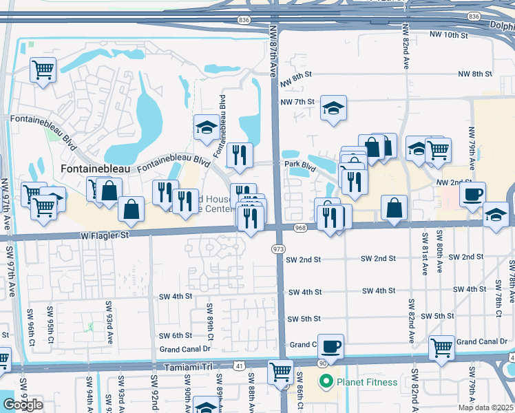map of restaurants, bars, coffee shops, grocery stores, and more near 8775 West Flagler Street in Miami