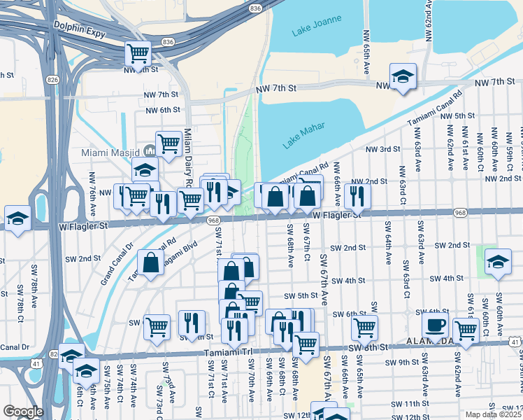map of restaurants, bars, coffee shops, grocery stores, and more near 6923 West Flagler Street in Miami