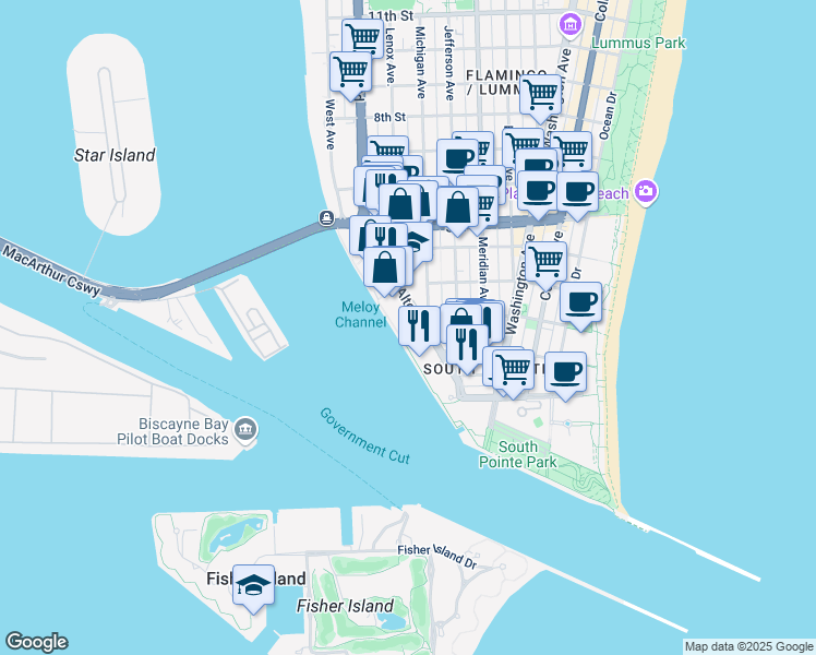 map of restaurants, bars, coffee shops, grocery stores, and more near 200 Alton Road in Miami Beach