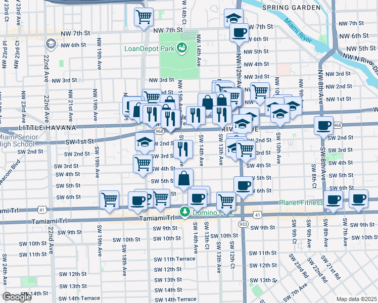 map of restaurants, bars, coffee shops, grocery stores, and more near 1429 Southwest 2nd Street in Miami