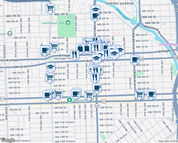 map of restaurants, bars, coffee shops, grocery stores, and more near 1250 Southwest 2nd Street in Miami