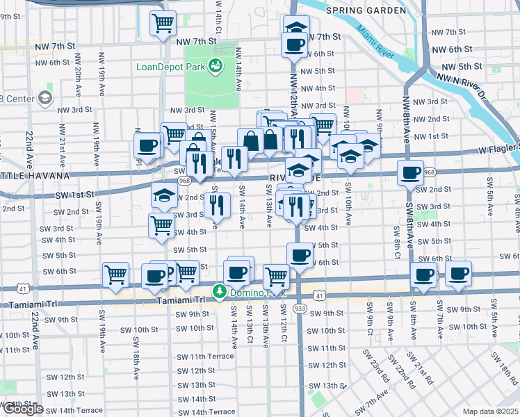 map of restaurants, bars, coffee shops, grocery stores, and more near 1331 Southwest 2nd Street in Miami