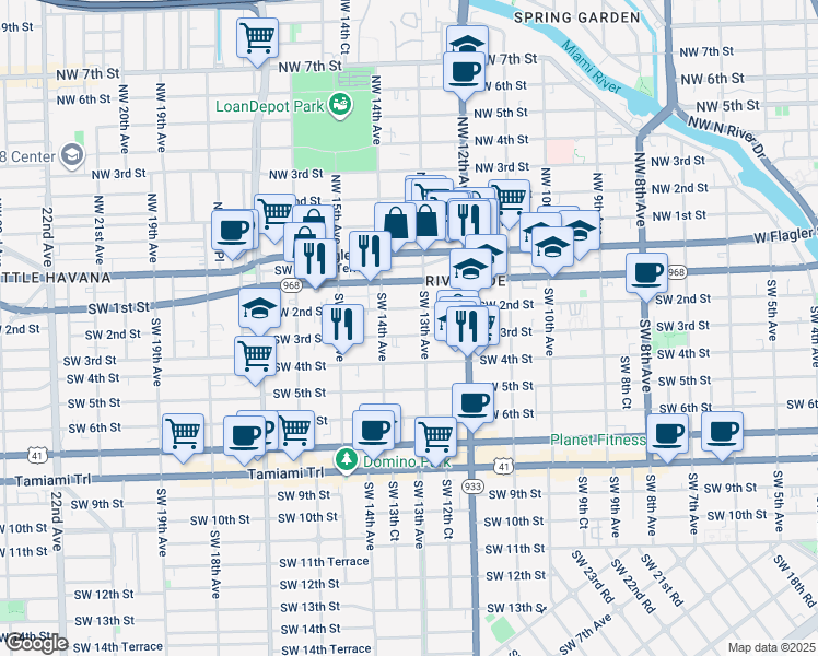 map of restaurants, bars, coffee shops, grocery stores, and more near 1331 Southwest 2nd Street in Miami