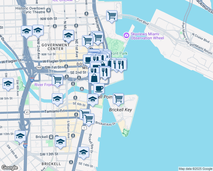 map of restaurants, bars, coffee shops, grocery stores, and more near 405 South Biscayne Boulevard in Miami